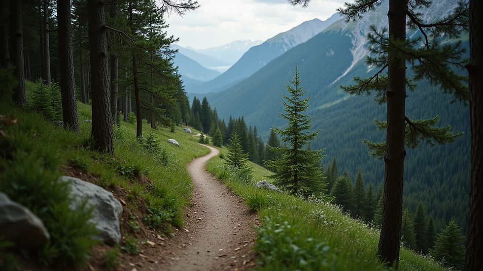 Eye-level view of a winding mountain trail surrounded by dense forest