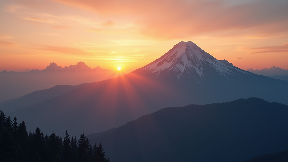 Wide angle view of a mountain peak with a sunrise in the background