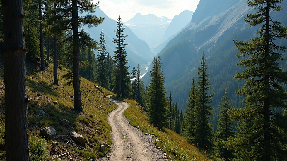 High angle view of a winding mountain trail surrounded by pine trees