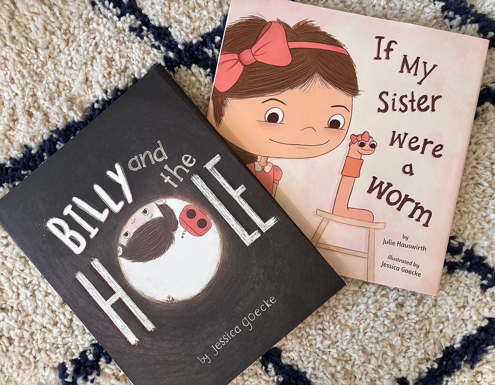 Two children’s books on a beige-and-navy carpet: Billy and the Hill and If My Sister Were a Worm with illustrations.