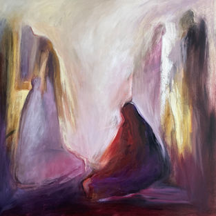 Outlines- of- two- seated- figures- suggested- figures- in- background- red- gold- and- lilac- palette- square- image