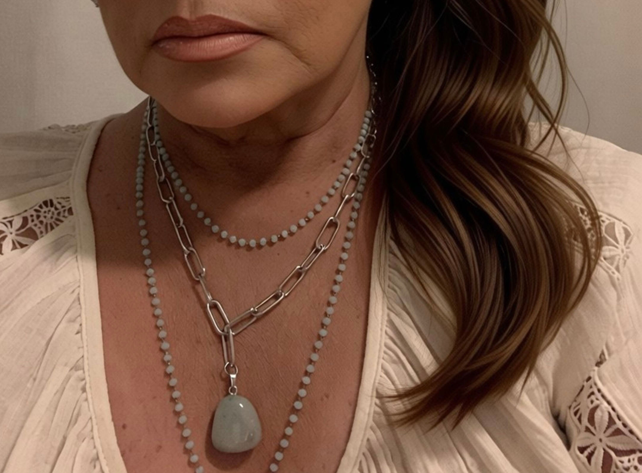 Stainless Steel and Crystal Necklace with Decorative Stone Pendant 2-Piece Set