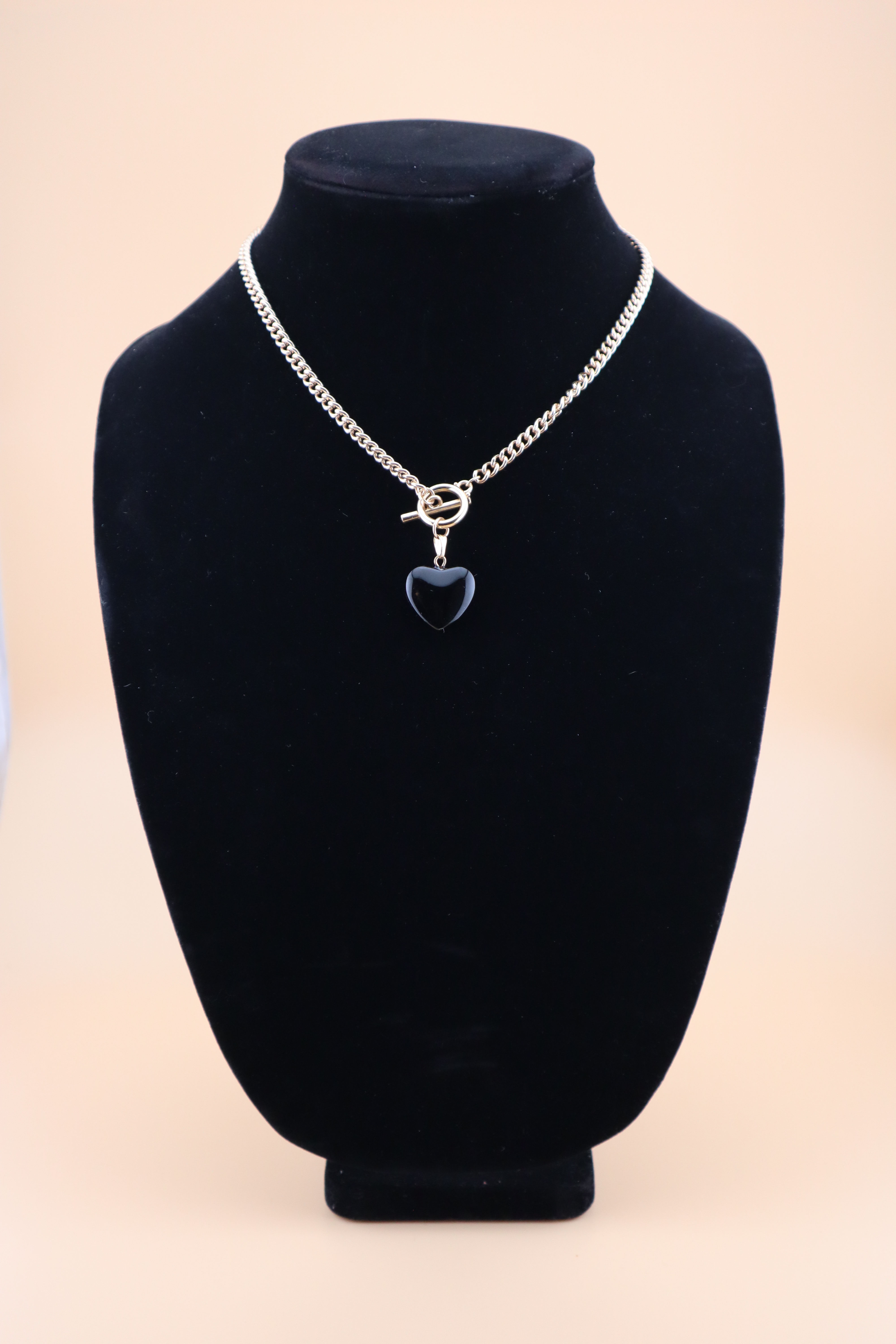 Black Glass Heart Stainless Steel Chain