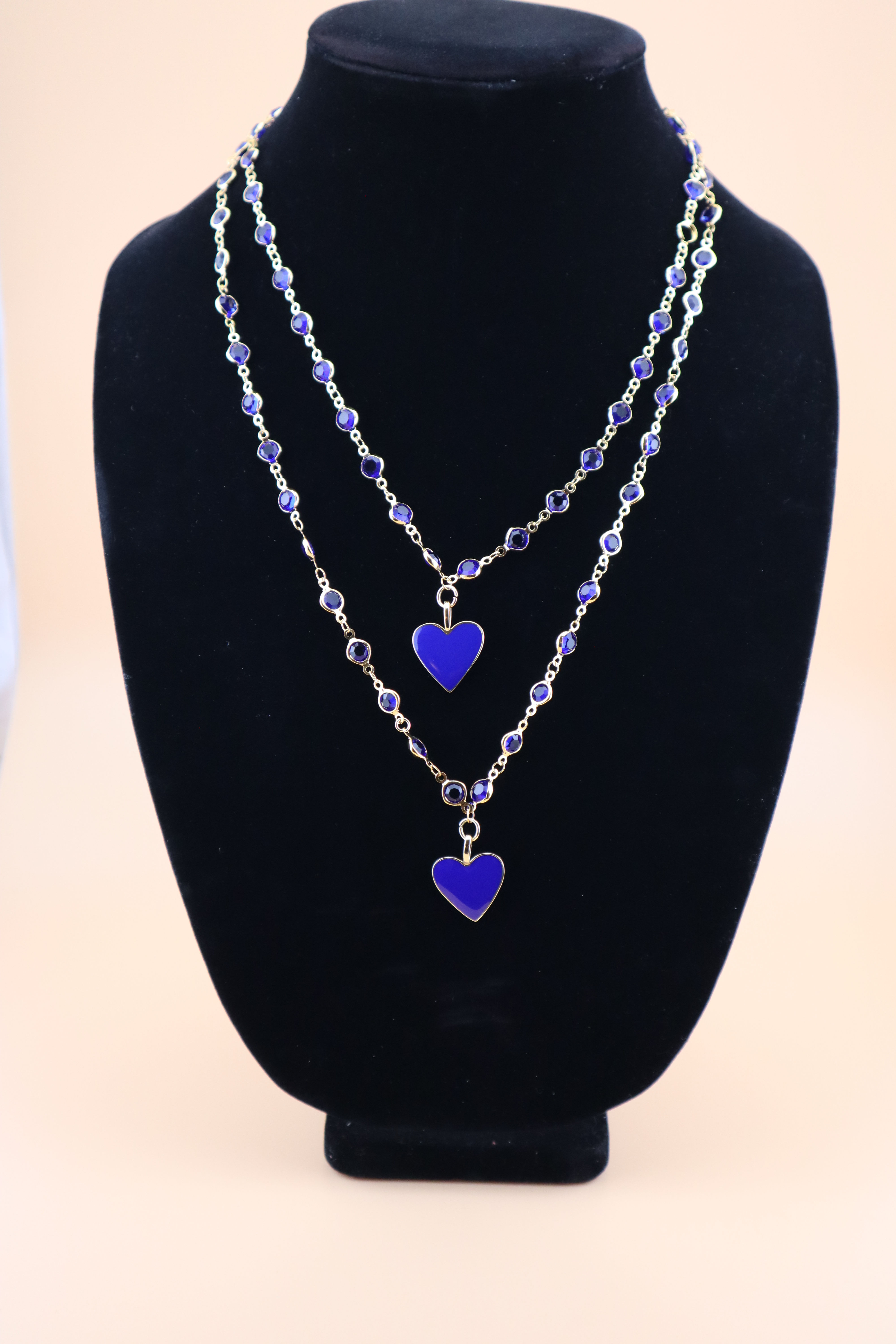 Navy Blue Crystal Necklace with Enamel Heart Charms