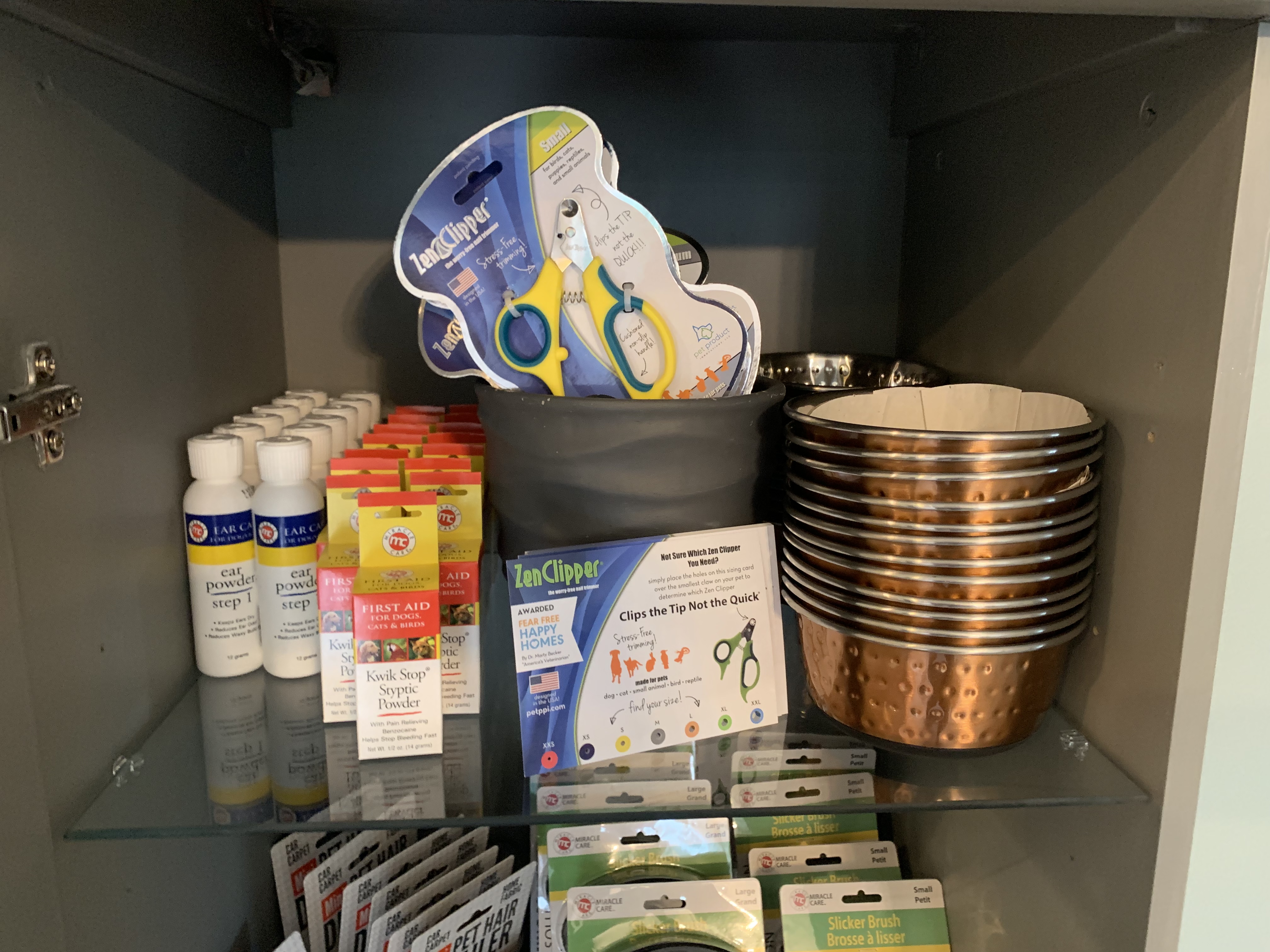 Grooming supplies and copper bowls