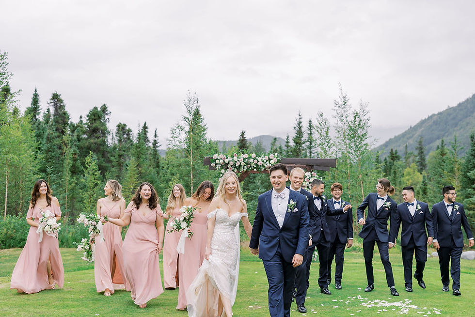 Wedding party in Alaska with mountain backdrop. Summer in Alaska