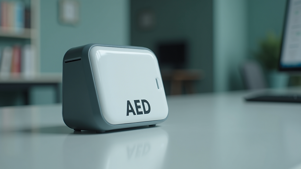 Close-up of AED device on a table ready for use