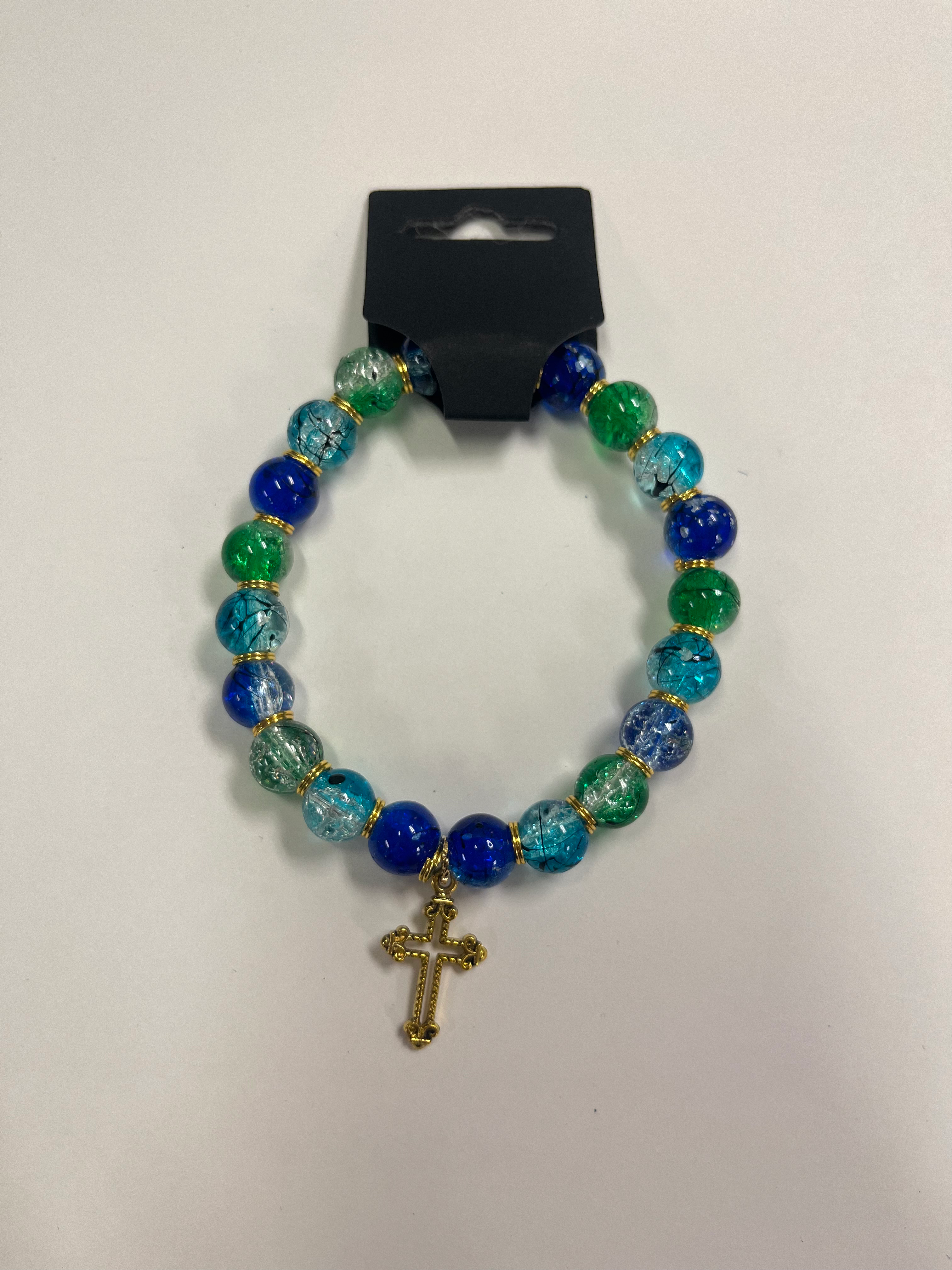 Blue and Green with Gold Cross Bracelet