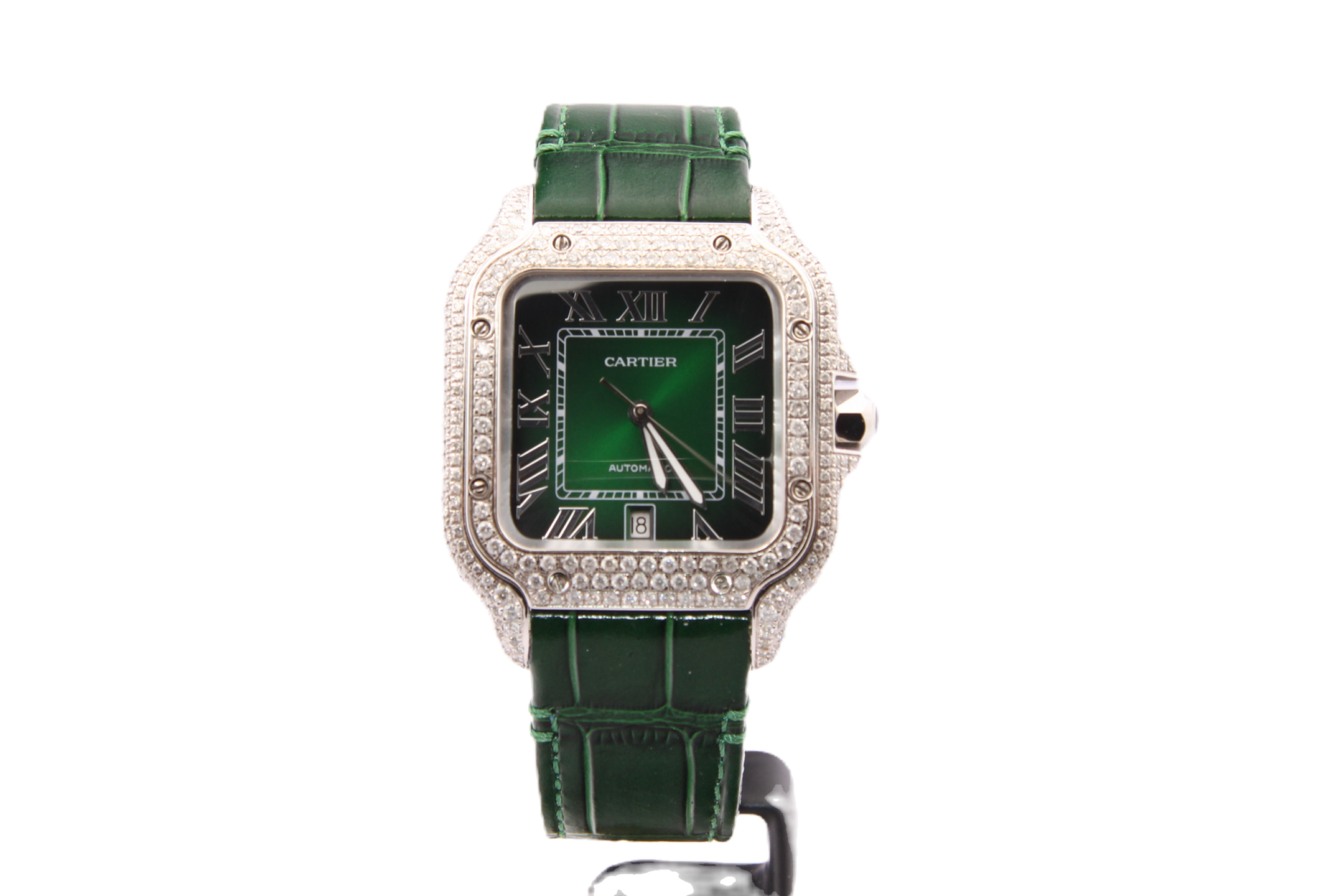 Cartier Santos Large Green Dial Iced Out WSSA0018 Full Set Monaco front