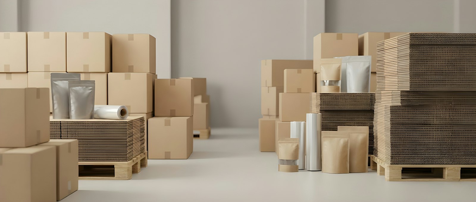 Warehouse aisle stacked with boxes – distribution and general trading business for sale in Dubai