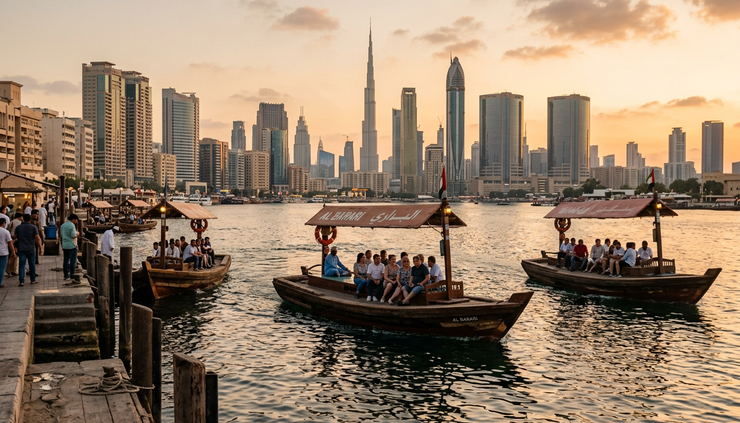 Wide-angle view of Dubai Creek with traditional boats and modern towers in the distance.