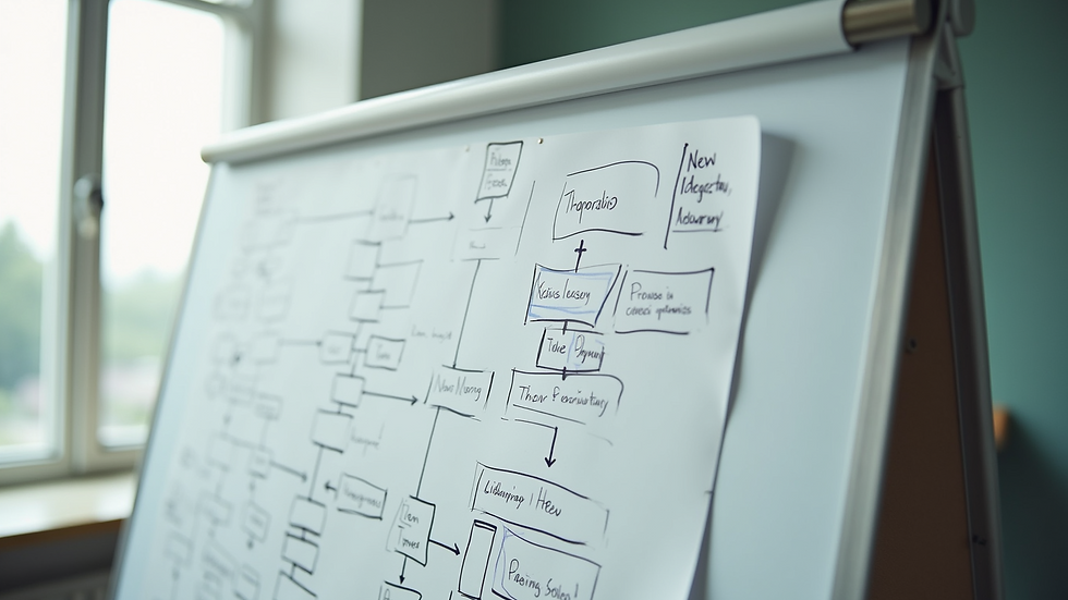 High angle view of a flowchart diagram on a whiteboard