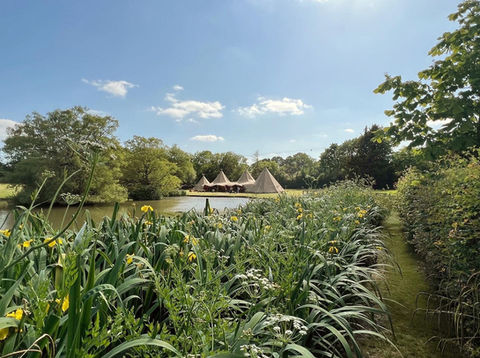 Tipi wedding venue in Sussex with lake and wild flowers