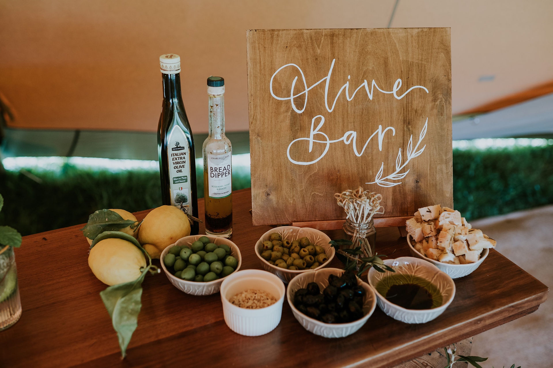 Olive bar at tipi festival wedding
