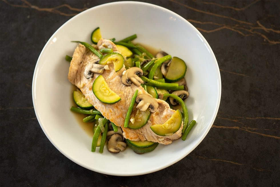 Juicy one pan French turkey dinner ready in 20 minutes. Learn the chef technique to keep turkey tender with vegetables and a light pan sauce.