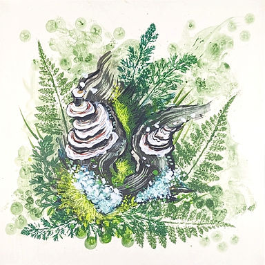 Small painting of forest ferns, moss, and lichen.