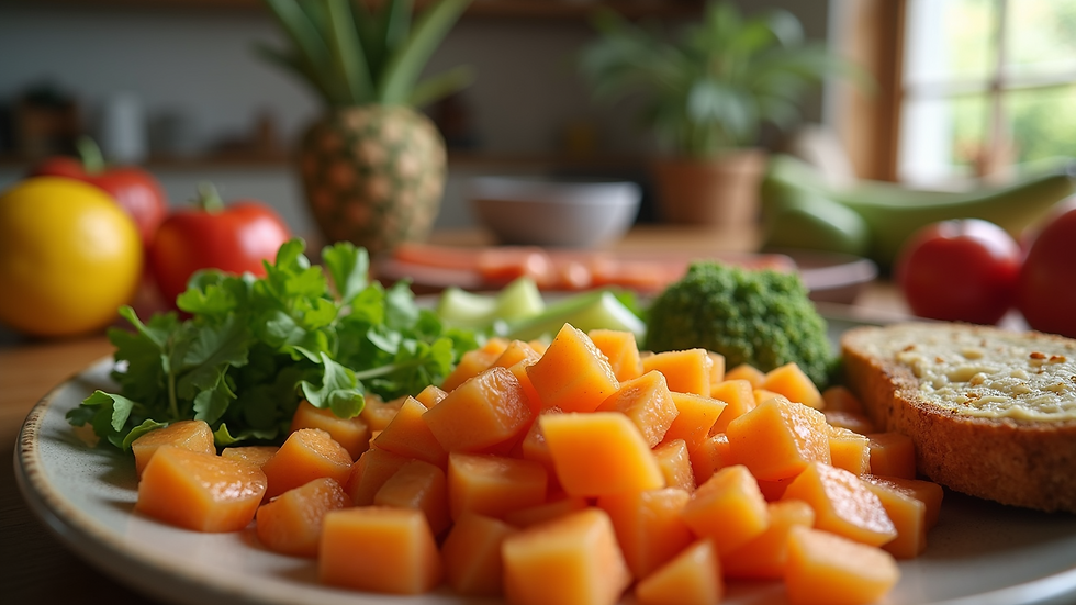Eye-level view of a balanced meal with fruits and vegetables