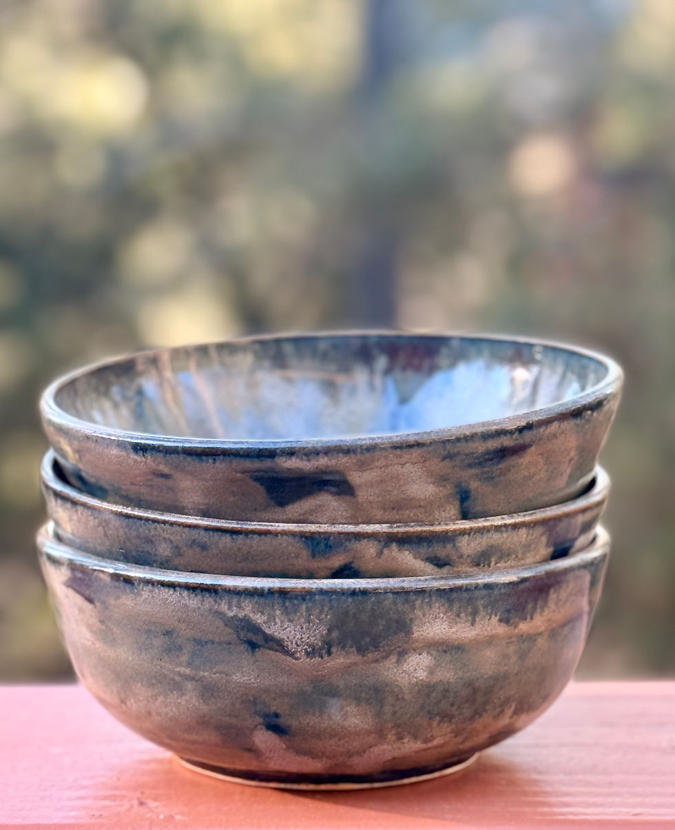 Thumbnail: Stack of three handcrafted stoneware serving bowls