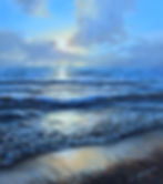 Whispers of the Sea seascape painting showing soft sunrise light over gentle ocean waves.