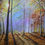 Thumbnail: Close up view of Ben Goymour’s autumn woodland print showing sunlit trees and soft purple morning mist.