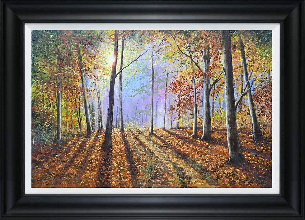 Framed autumn woodland painting by Ben Goymour showing golden leaves, tall trees, and long morning shadows