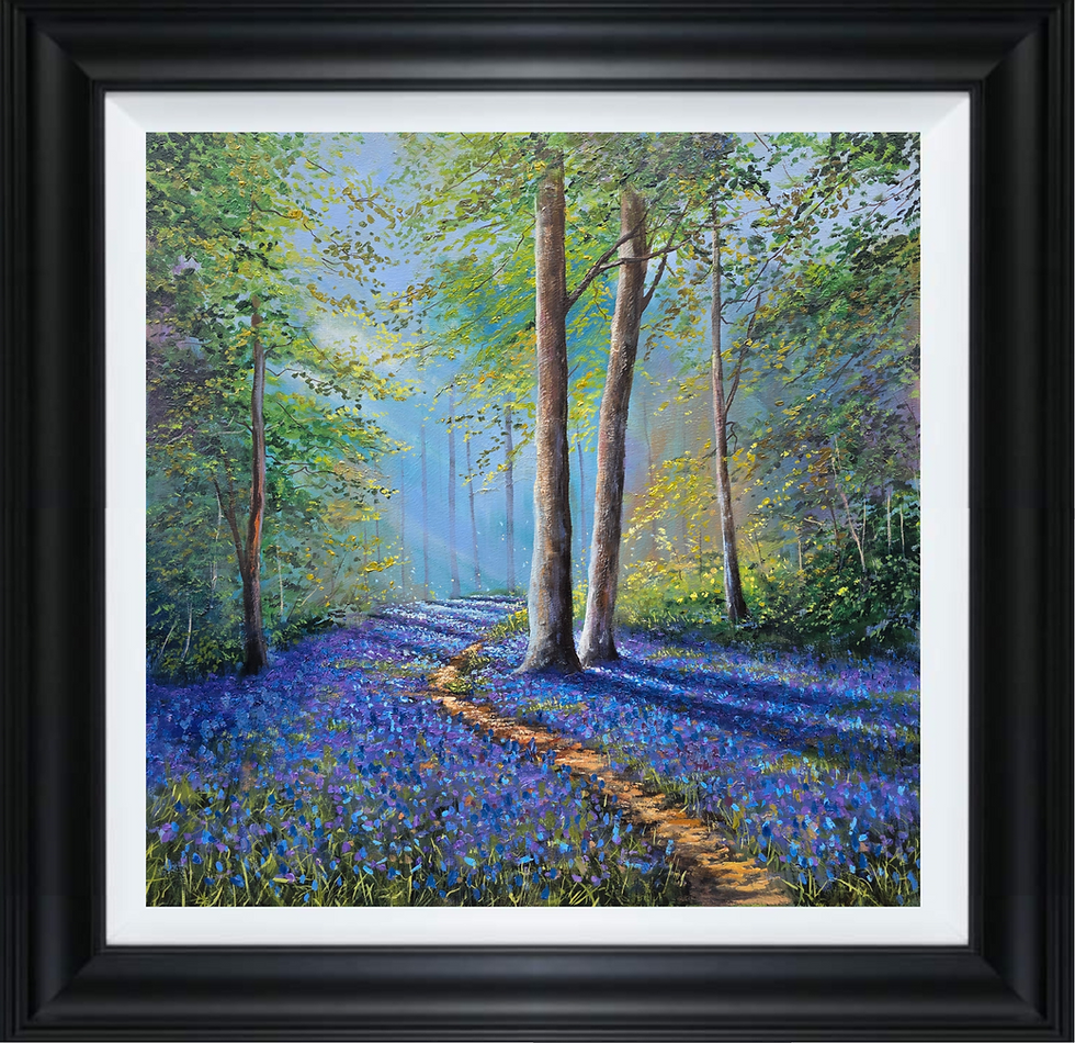 Framed Amongst the Bluebells woodland landscape painting by Ben Goymour featuring a sunlit path in a vibrant bluebell woods