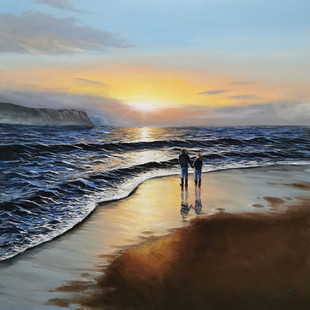 Seacape painting of a couole on the beach at sunset by Ben Goymour