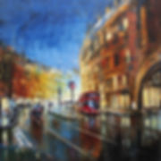 Dusk on Regent Street London cityscape print by Ben Goymour showing a red bus and glowing buildings under a twilight sky.
