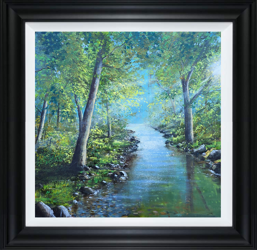 Framed woodland stream painting by Ben Goymour featuring a sunlit river winding through green trees