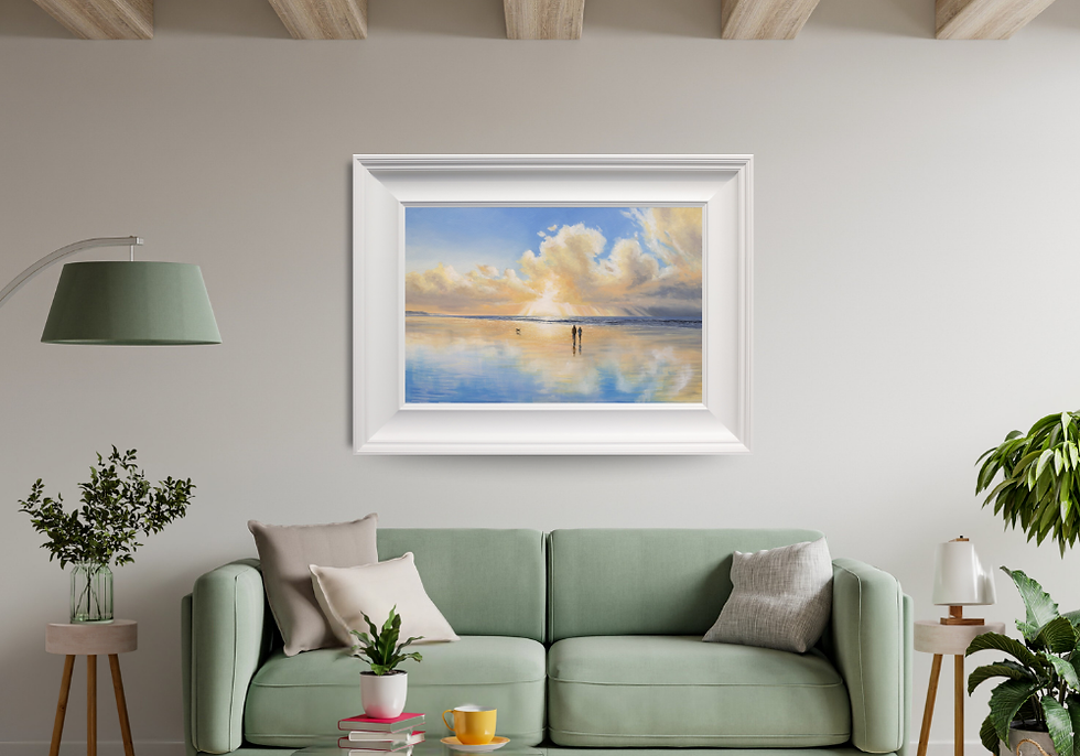 Thumbnail: Holding the Light by Ben Goymour displayed in a modern living room with a green sofa, white frame, and natural light