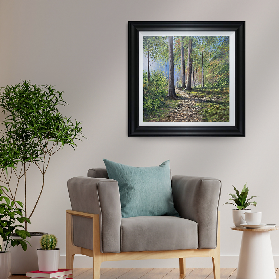 Thumbnail: Framed woodland path landscape artwork titled Pathway to the Light by artist Ben Goymour displayed in modern living room.