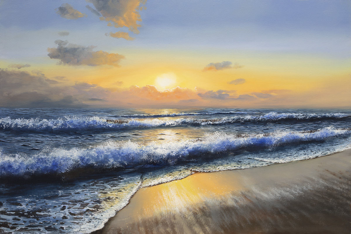 A New Day by Ben Goymour, a radiant seascape painting portraying sunrise over the sea, where golden light dances across waves