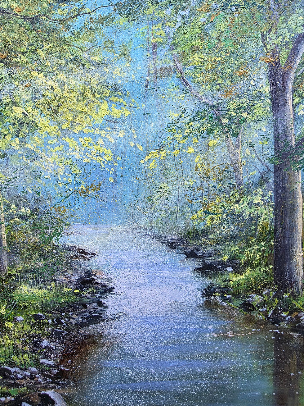 Thumbnail: Close-up of woodland stream painting with detailed reflections and soft morning light