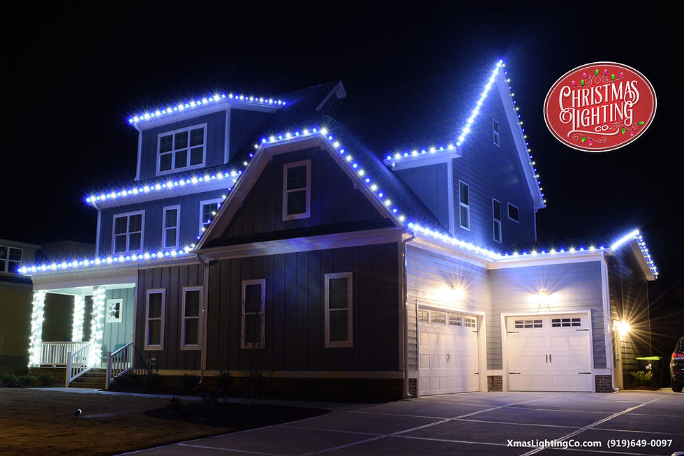 Blue and white Christmas lights glowing at night in Wake Forest, North Carolina