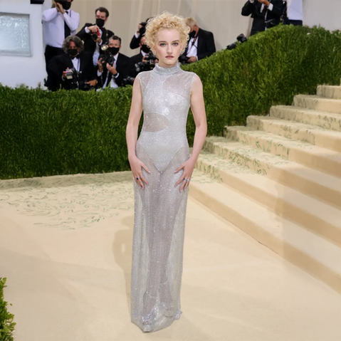 Julia Garner capturing the Flamboyant Gamine essence with her distinct features, compact frame, and spirited style.