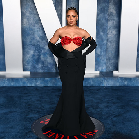 Tessa Thompson showcasing Flamboyant Gamine style with her compact frame, unique features, and bold, spirited presence.