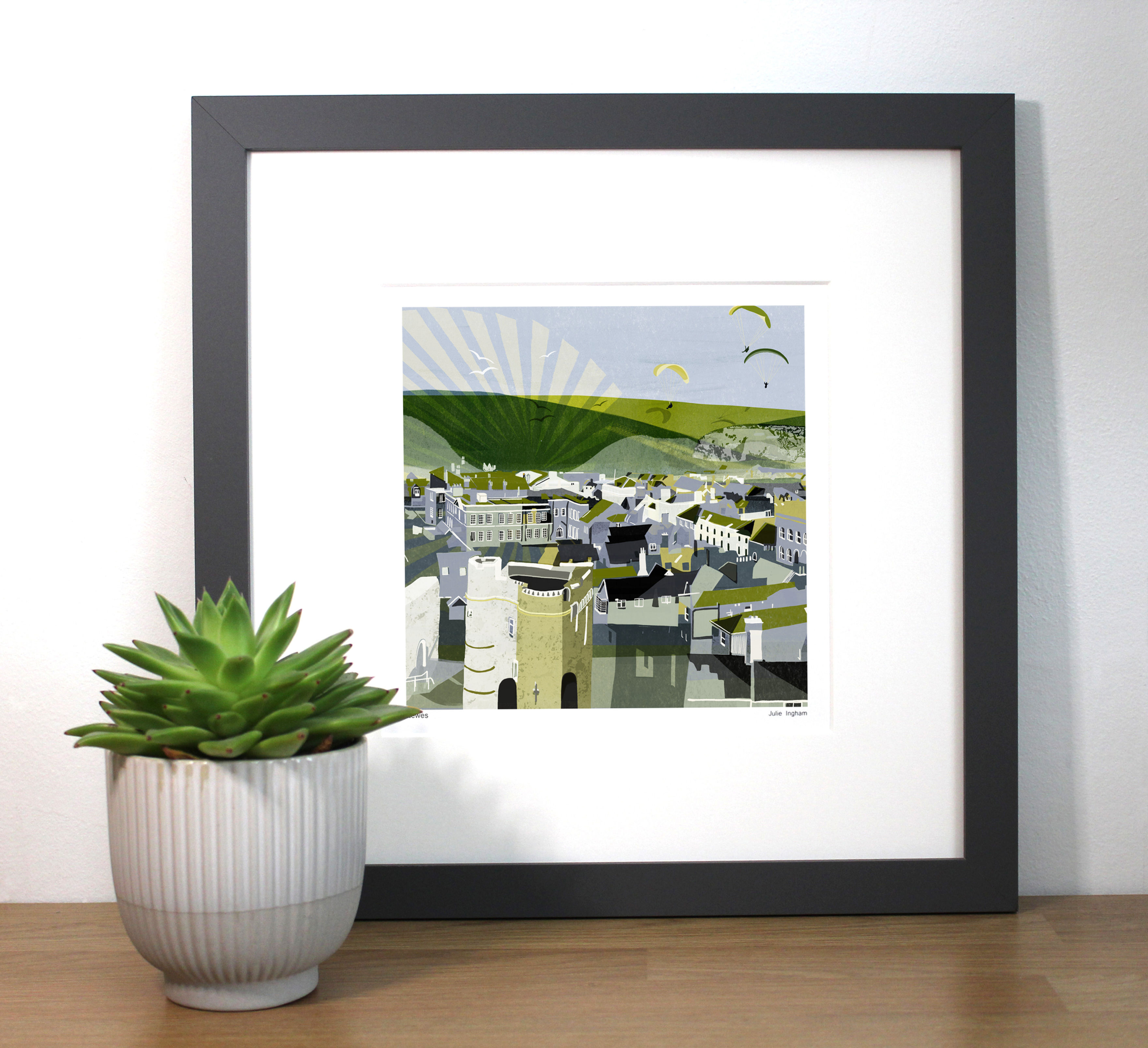 Lewes Paragliding Giclee Print Framed limited colour palette. Hand gliders in the distance.