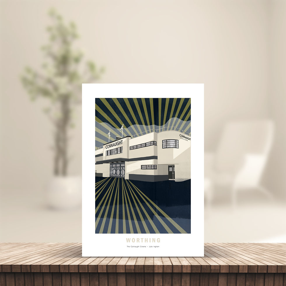 Thumbnail: Art print of the Connaught Cinema in Worthing by Julie Ingham – Art Deco illustration of historic British seaside cinema