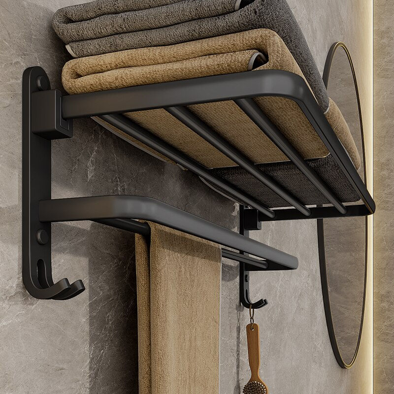 Matte Black 50CM Folding Holder With Hook Towel Holder Wall Mount AluminumTowel