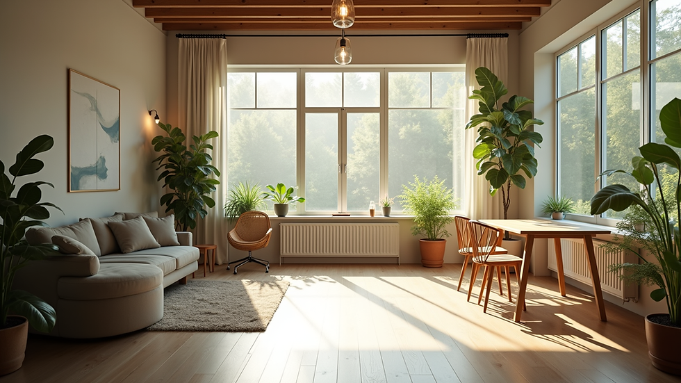 Wide angle view of a wellness co-working space with natural light and greenery
