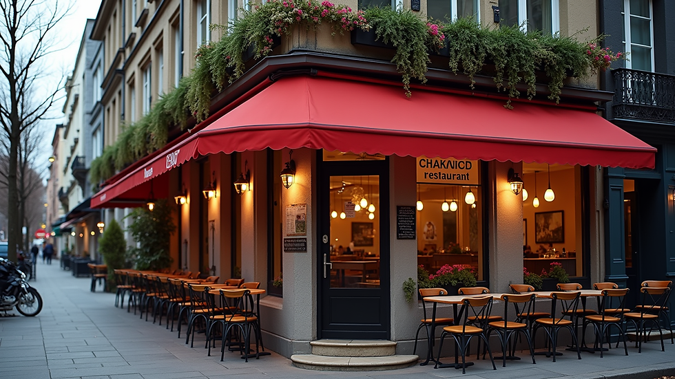 Eye-level view of restaurant exterior with clear signage