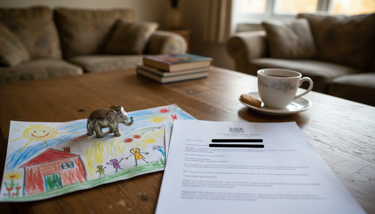 Close-up view of family court papers beside a child's drawing on a kitchen table.