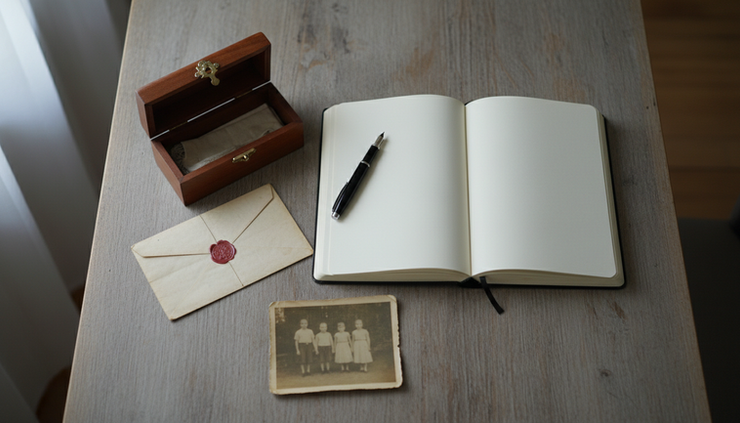 Overhead view of an open journal beside a small memory box on a dining table