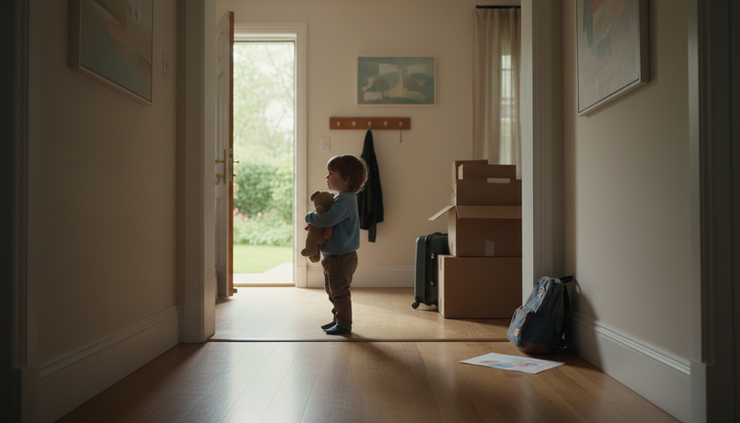Eye-level view of a child standing between two open doorways in a quiet home.