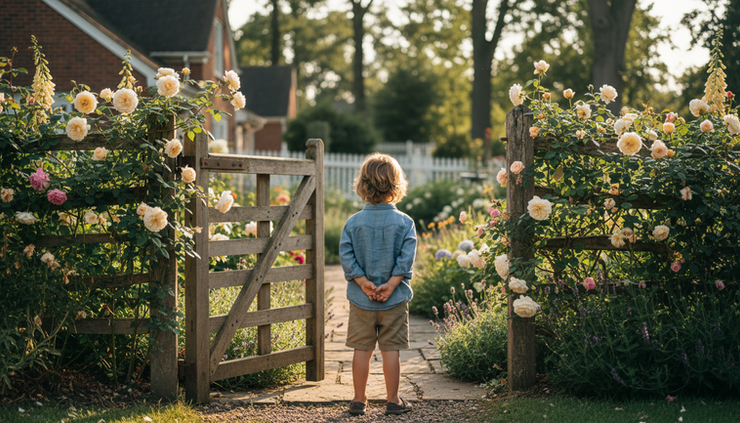 Eye-level view of a child standing quietly beside an open garden gate