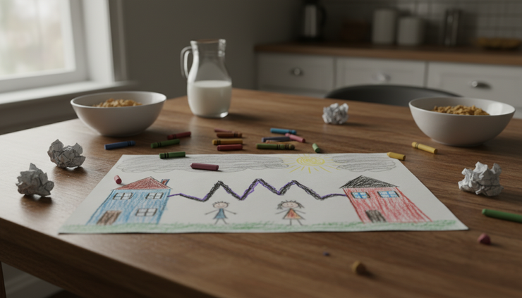 Eye-level view of a child's drawing split between two houses