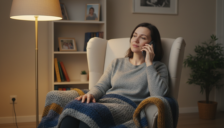 Eye-level view of a parent sitting in a cosy armchair during a quiet support call