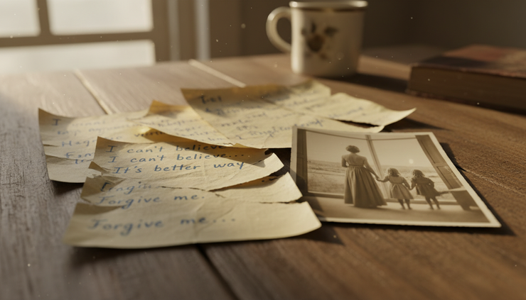 Close-up view of torn handwritten notes beside a family photograph