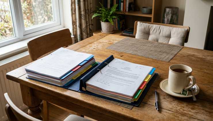 Wide-angle view of a calm home table with organised legal papers and coloured dividers
