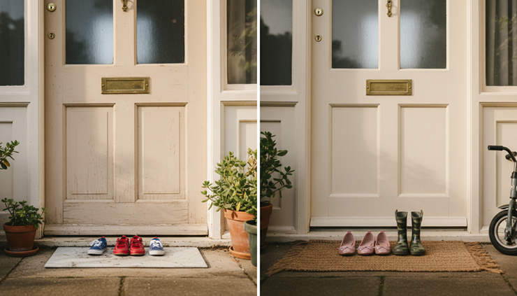 Close-up view of two small pairs of shoes beside separate front doors